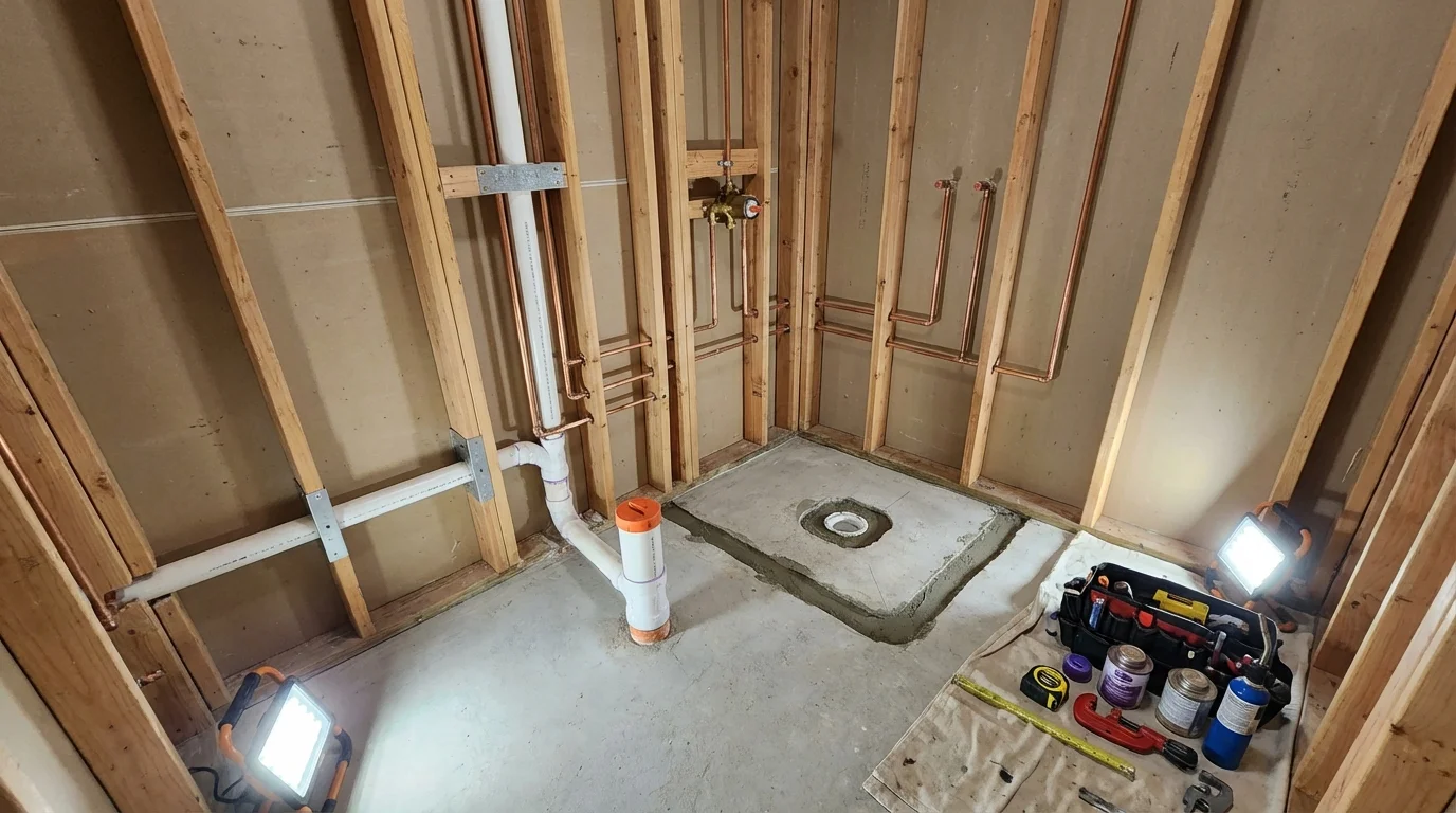 Bathroom rough-in plumbing during remodel by Johns Plumbing LLC in West Point